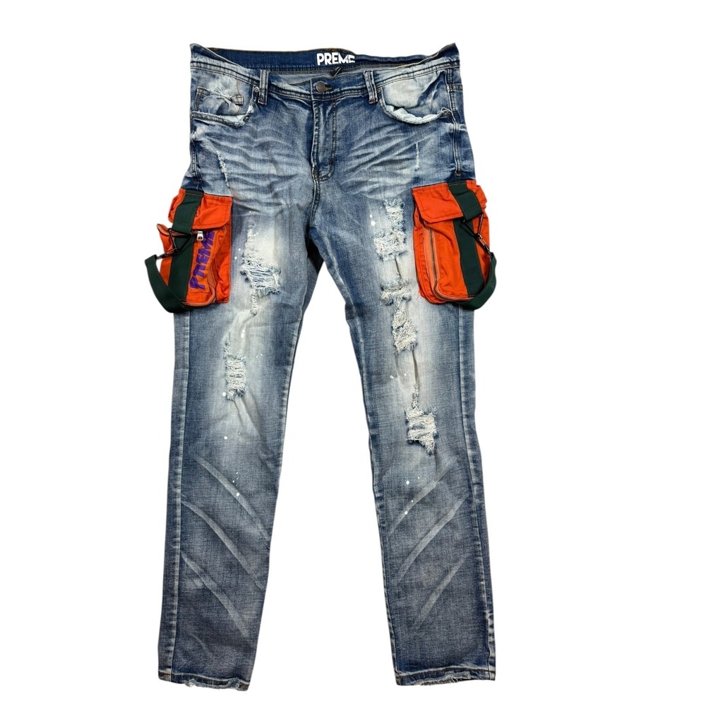 Preme Men's Distressed Denim Jeans Cargo Pockets Size 38 Streetwear